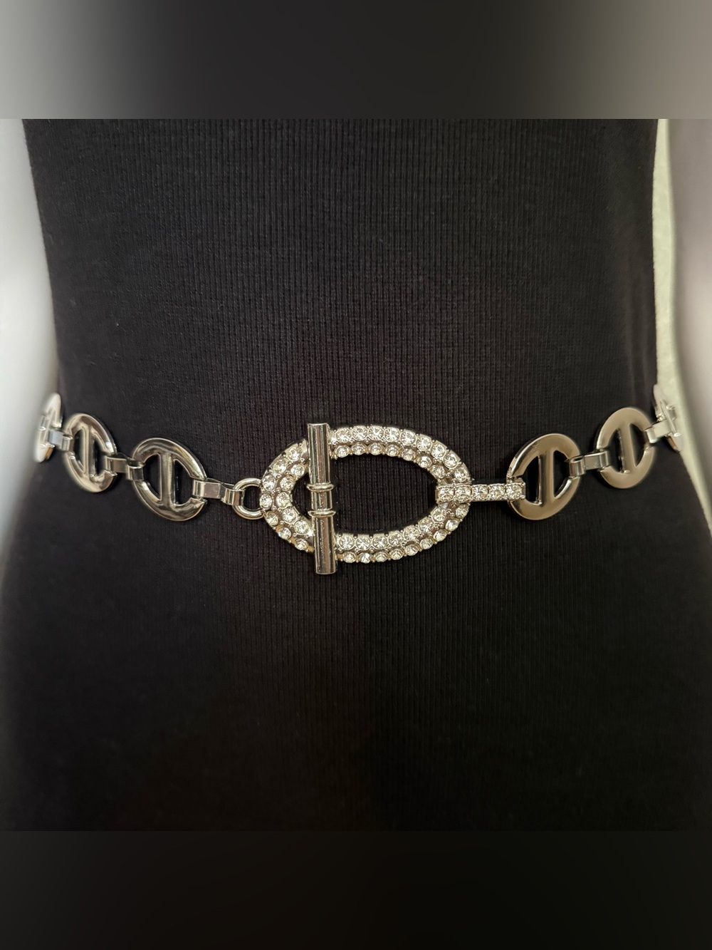 Silver tone metal chain belt with rhinestone details